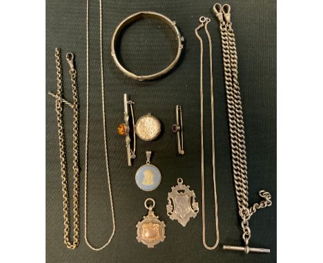 Silver Jewellery - a graduated link double albert chain, two shield medals;  brooches, hinge bangle etc, 103.2g gross 