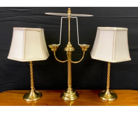 Lights and Light fittings - A three branch brass table lamp, 55cm tall;  a pair of brass candlestick-form side lamps, (3). 