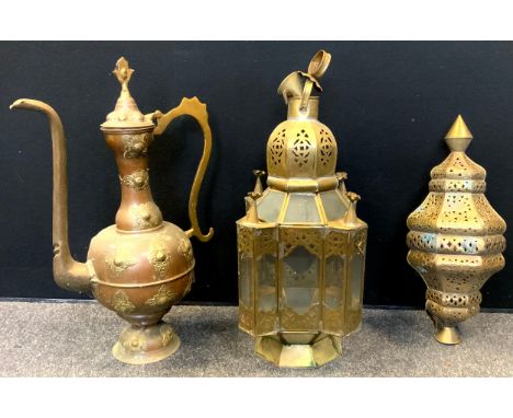 A Persian copper coffee pot;   a Persian hall lantern;  another (3) 