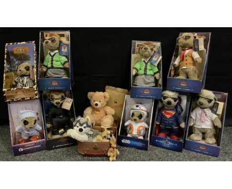 A Steiff Bernie puppy, yellow ear tag;  another Bear with case box;  Compare the Meercat figures, Yakov, Sergei, Agent Maiya,