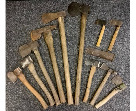 Tools - a long handle axe, others logging axe, hatchets, splitting wedge etc 