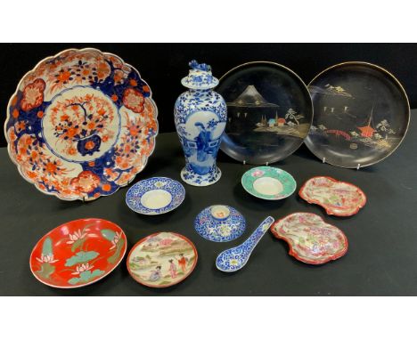 A Chinese baluster vase and cover, Kangxi marks, but later;  Japanese Imari plate;  etc 