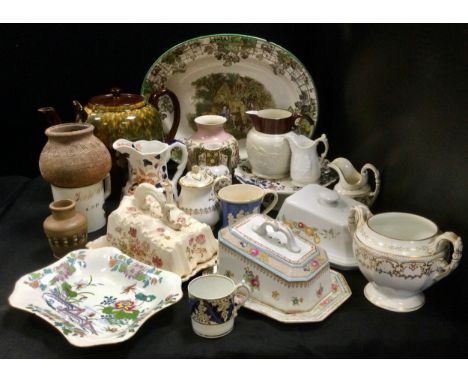 A Spode Byron meat platter;  Bloor Derby miniature teapot;  oversized treacle glazed teapot,  cheese dishes etc 