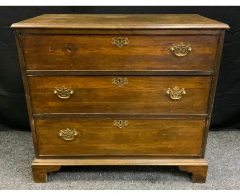 A George III oak chest of Drawers, brass swan-neck handles, bracket feet, 84cm tall x 93cm wide x 49cm deep. 