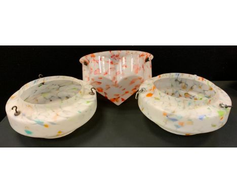 A mid 20th century ceiling light, red, white and orange circular body, lobed collar with tapering hexagonal point, chain susp