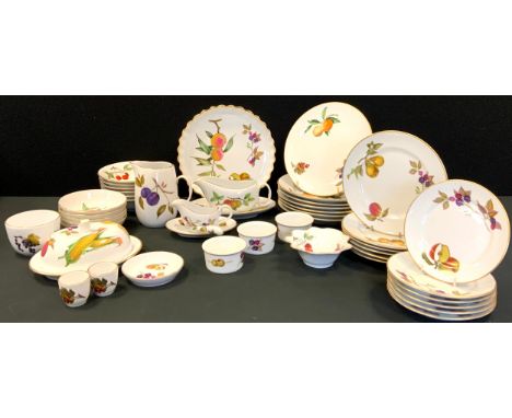 A Royal Worcester Evesham pattern dinner service, for six inc flan dish, dinner plates, side plates, bowls, circular butter d