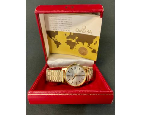 Omega - a 1970s Geneve gold plated wristwatch, brushed silver dial, block baton markers, date aperture, manual wind movement,