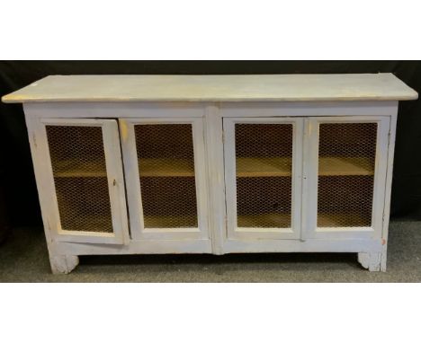 A shabby chic light blue painted side cabinet/Belgian apothecary, wire work doors, 185cm long, 93cm high, 54cm deep