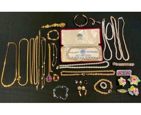 Costume Jewellery - a cultured pearl necklace, others simulated;  gold plated necklaces, pendants, brooches, bangle, bracelet