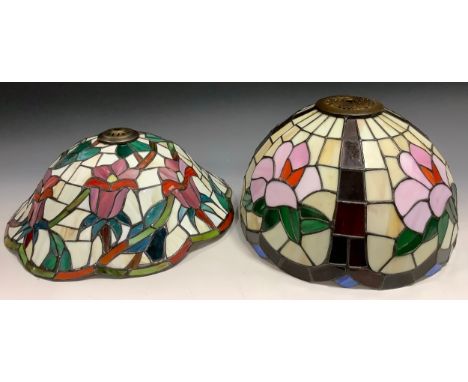 A Tiffany style leaded and stained glass lamp shade, decorated in a Fuchsia pattern, 36cm wide,  another smaller (2) 
