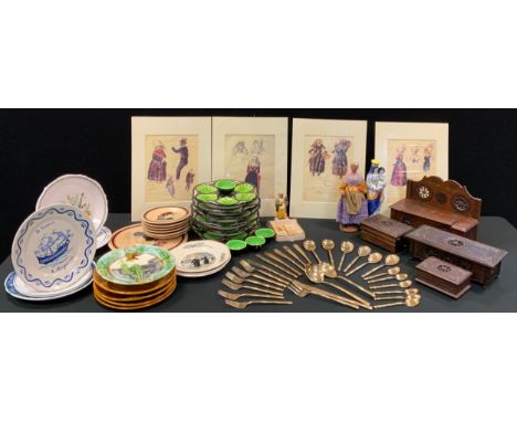 Continental Ceramics - a set of six oyster plates;  Quimper figure;  French transfer plates; treen boxes, flatware, etc 