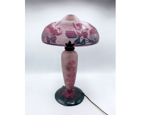 CHARDER A double glass lamp with acid-etched cameo decorated with roses  height: 48 cm Executed circa 1920  «Charder: French 