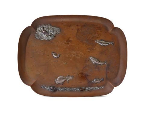 COPPER AND SILVER TRAY, GORHAM &amp; CO  copper tray with applied silver seal, fish and seashells marks: (anchor),&nbsp;Gorha