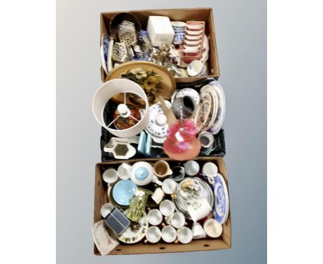 Three boxes of English tea ware, jelly moulds, Masons ware, dinner ware, wooden table lamp with shade etc 