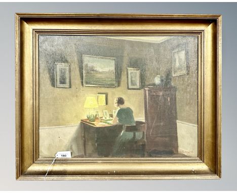 D K Holst :  A lady at a writing desk, oil on canvas, 48 cm x 36 cm, signed, dated '31.