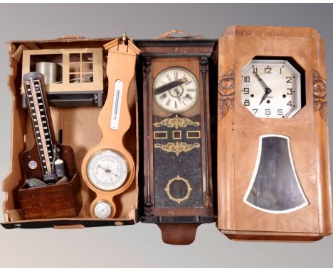 An Art Deco Westminster chime wall clock (a/f) together with a box of further 8-day wall clock, barometer, barograph, blood p