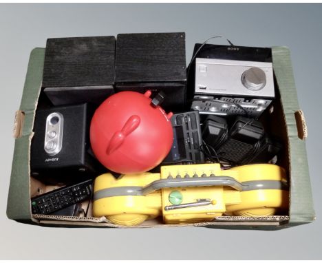 A crate containing Sony micro hifi, speakers, novelty radios, radio recorder etc 