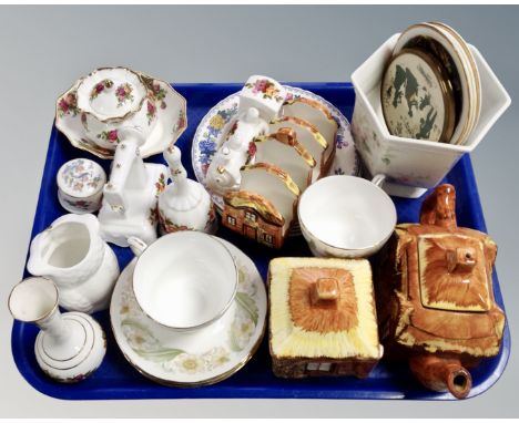 A tray of cottage ware, Masons plates, Royal Albert Old Country Roses dish and trinket box, Winton planter etc 