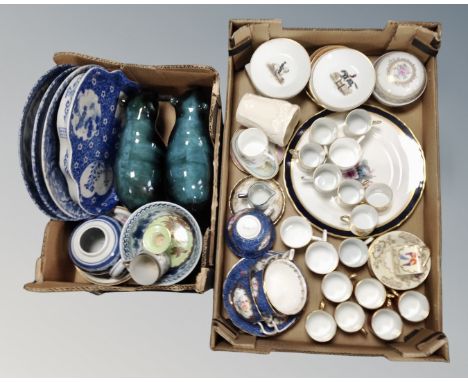 Two boxes of ceramics, antique Chinese blue and white ware, tea ware by Royal Worcester, New Chelsea, Copeland Spode, Cabinet