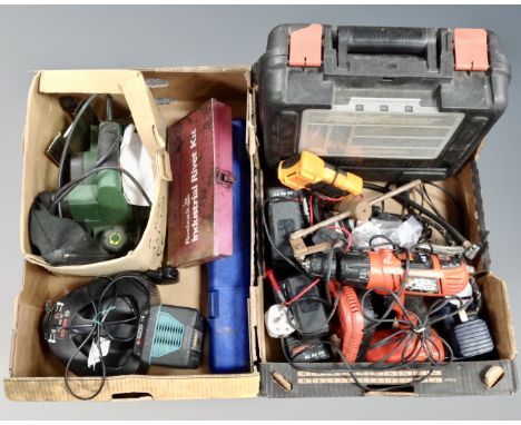 Two boxes of cased and uncased power tools, Black and Decker, Bosch batteries and chargers, industrial rivet kit, hand tools 