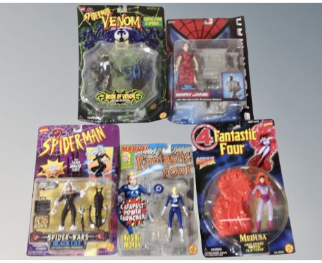 Five Action figures to include Marvel comics, Bride of Venom, Medusa and Spider Wars Black Cat Invisible woman together with 