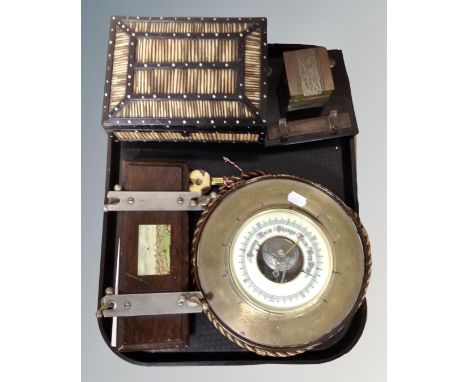 A tray of circular brass horoscope barometer, porcupine quill and ebony table box, tie press, vintage desk stand etc 