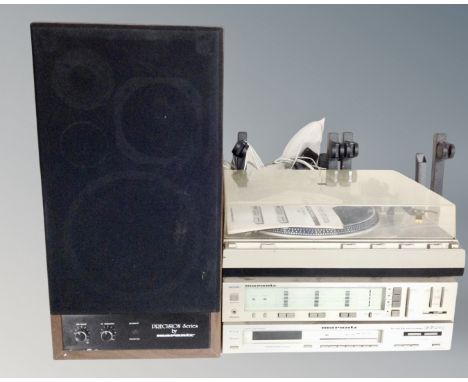 Three Marantz hifi separates to include automatic drive turn table, TT4200, digital synthesized stereo tuner, ST520L, stereo 