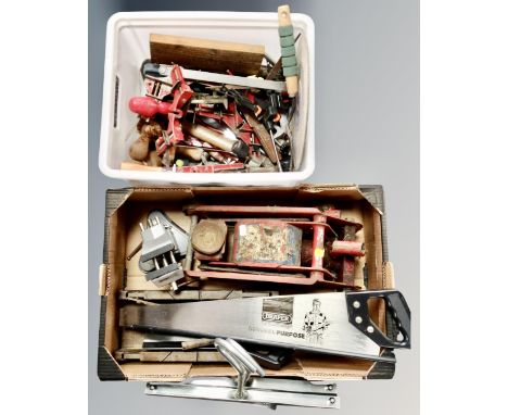 Two crates containing hand tools, wood working tools, bench vice, trolley jack, saws etc 