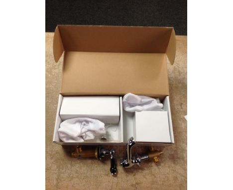 A traditional 3TH black lever basin mixer tap and pop-up waste, boxed.