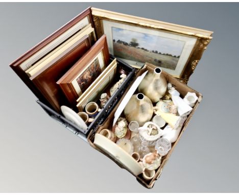 A box and crate of assorted pictures and prints, Claude Monet Poppy field, Ceramics, glass, Royal Doulton figure, Nao figure 