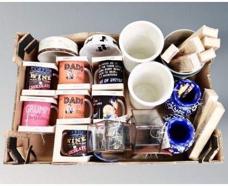 A box of new mugs, tea light holders, vases, kitchen storage jars, pet bowls etc 
