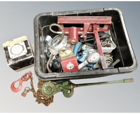 A box of power tools, car parts, vintage winch etc 