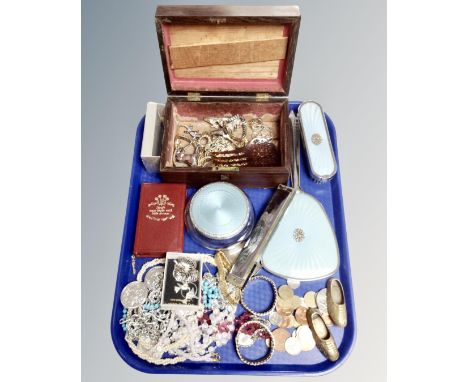 A tray of 19th century jewellery box, costume jewellery, coins, dressing table items, harmonica, savings bank etc 