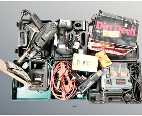 A box of assorted cased power tools, meters, dirt devil handy vacuum, electric drill on stand 