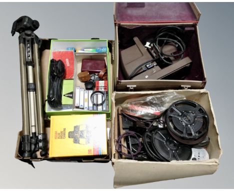 A case and two boxes of vintage projectors, reels, camera tripod, Kodak movie camera, accessories etc 