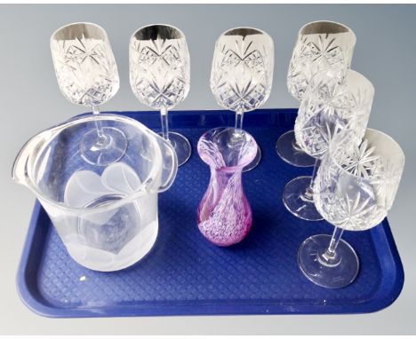 A tray of set of six Edinburgh International crystal wine glasses, Caithness vase and J G Durand glass vase 