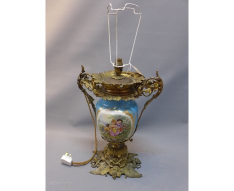 A 19th Century Continental brass mounted oil lamp converted to electricity, the porcelain vase hand painted with vignettes of