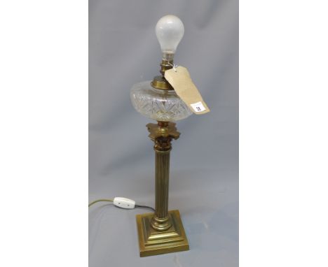 A brass Corinthian column table lamp with glass bowl