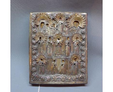 A Russian icon depicting Mary, Jesus and saints in seven panels, tempera and gilding on wooden panel with white meta oklad, 2