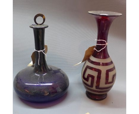 A Grecian style red art glass vase and Georgian style decanter