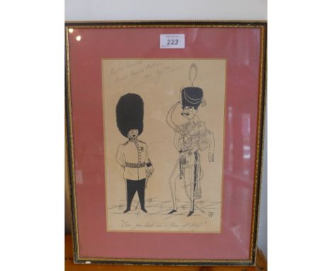 A mid 20th Century cartoon print of two soldiers titled 'Can you lend me a piece of string' dated 1961. 29x19cm 