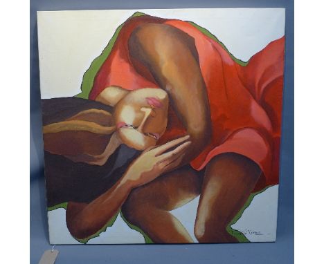 Patricia Lerox (France, b.1955), portrait of a lady in red, oil on cavas, signed lower right, limited editon 8/10, 95 x 95cm