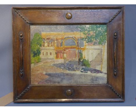 After H. J. Walter (20th Century school), townscape study of an arch, oil on panel, signed lower left, in Edwardian oak frame
