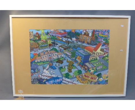 A Simpsons print of Springfield town centre, glazed and framed, 49 x 69cm
