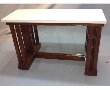 An Empire style mahogany console table with mirrored back and limestone top, H. 92cm W. 117cm D. 43cm