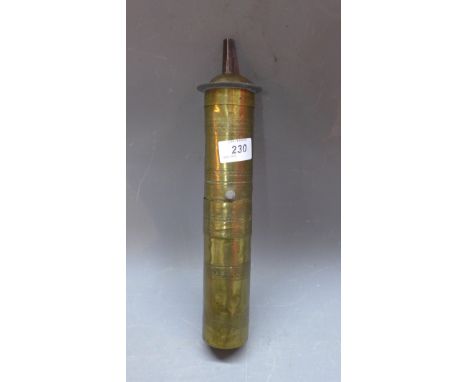 A Turkish cylindrical brass coffee grinder, with incised decoration, with grinding handle, H:33cm