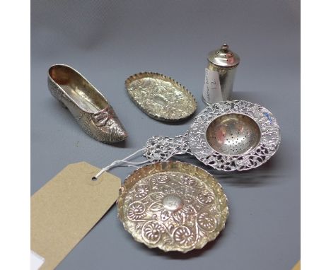 A Victorian silver dish with repousse embossed floral decoration, hallmarked London 1986-7, together with a Continental silve