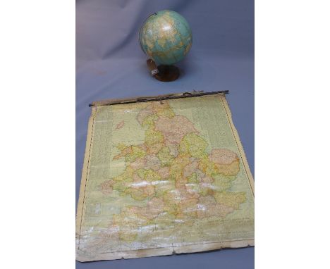 An early 20th century scroll map of England by Scarborough, together with a vintage Phillips Globe