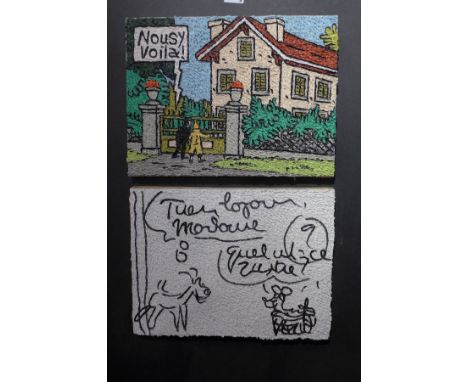 A pair of impasto acrylics on canvas, mounted together as a cartoon storyboard after Herge's Adventures of Tin Tin, the heavi
