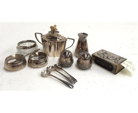 An Edwardian silver table lighter by William Hutton &amp; Sons ltd, Sheffield; a pair of Victorian salts, makers mark rubbed,